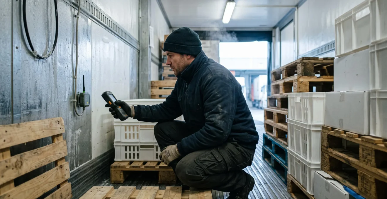 Un agent logistique vérifie un capteur de température connecté à l'intérieur d'une remorque frigorifique chargée de palettes.