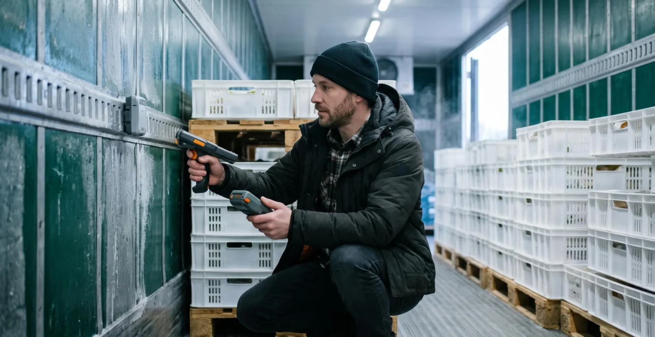 Un agent logistique vérifie un capteur de température connecté à l'intérieur d'une remorque frigorifique chargée de palettes.