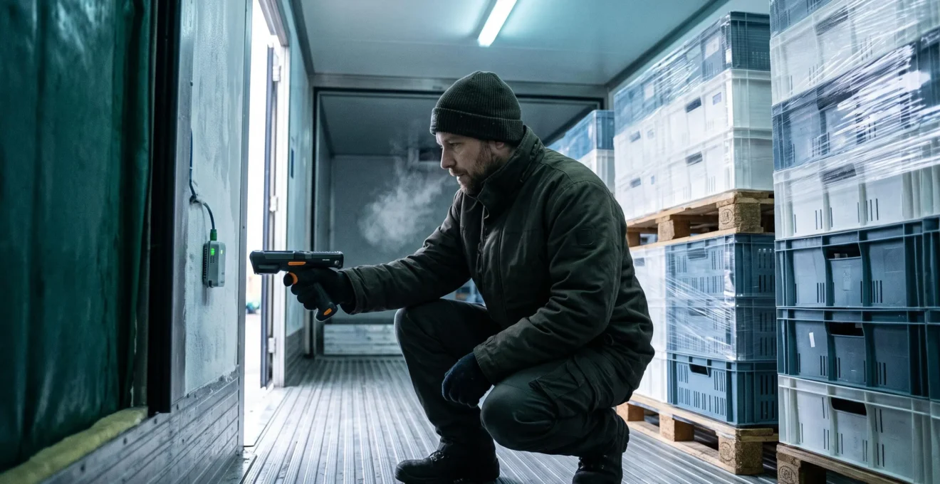 Un agent logistique vérifie un capteur de température connecté à l'intérieur d'une remorque frigorifique chargée de palettes.