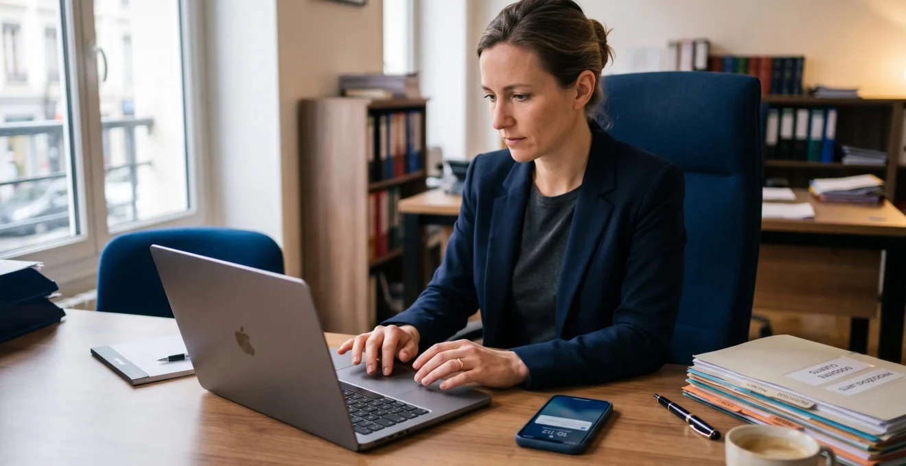 Un juriste envoie une lettre recommandée électronique depuis son ordinateur portable dans un bureau d'avocat en France.