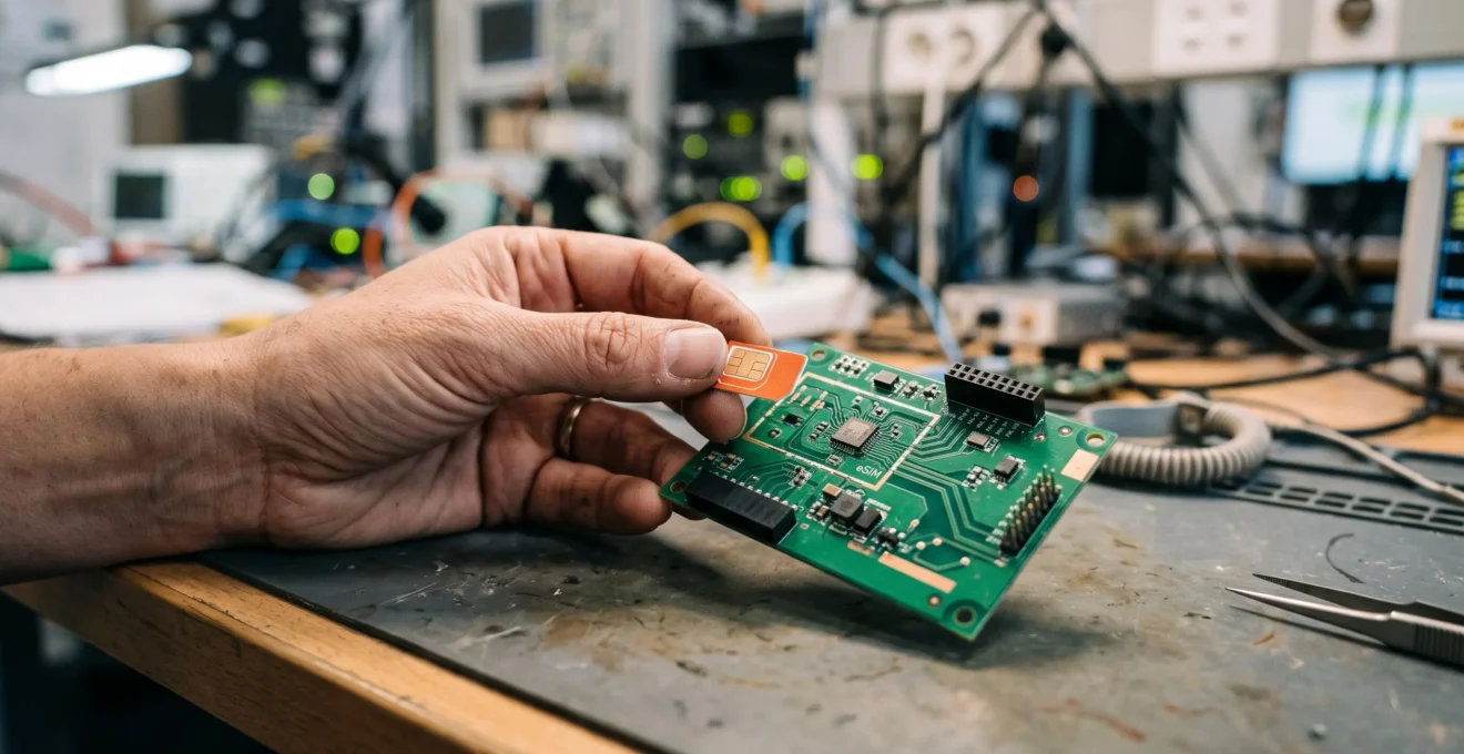 Les mains d'un ingénieur comparent une carte SIM classique et une puce eSIM soudée sur une carte électronique en laboratoire.