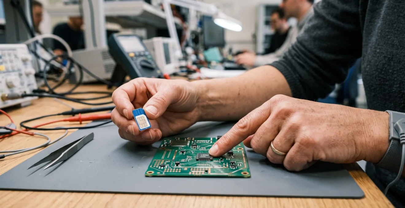 Les mains d'un ingénieur comparent une carte SIM classique et une puce eSIM soudée sur une carte électronique en laboratoire.
