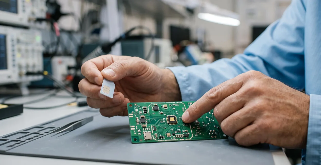 Les mains d'un ingénieur comparent une carte SIM classique et une puce eSIM soudée sur une carte électronique en laboratoire.