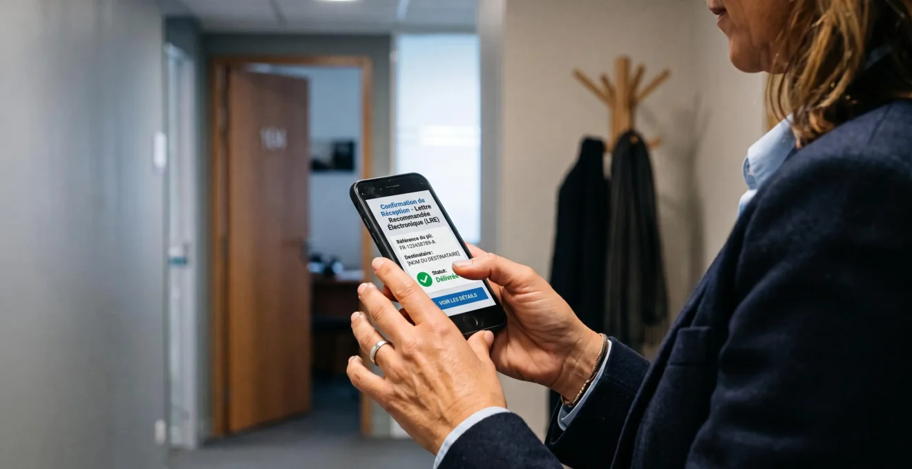 Un professionnel consulte sur son smartphone l'accusé de réception d'une lettre recommandée électronique.