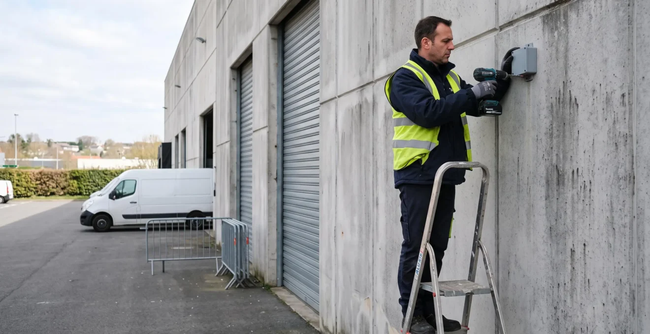Un technicien fixe un boîtier capteur connecté sur le mur extérieur d'un entrepôt logistique à l'aide d'une visseuse.