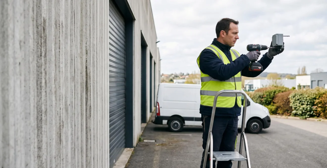 Un technicien fixe un boîtier capteur connecté sur le mur extérieur d'un entrepôt logistique à l'aide d'une visseuse.