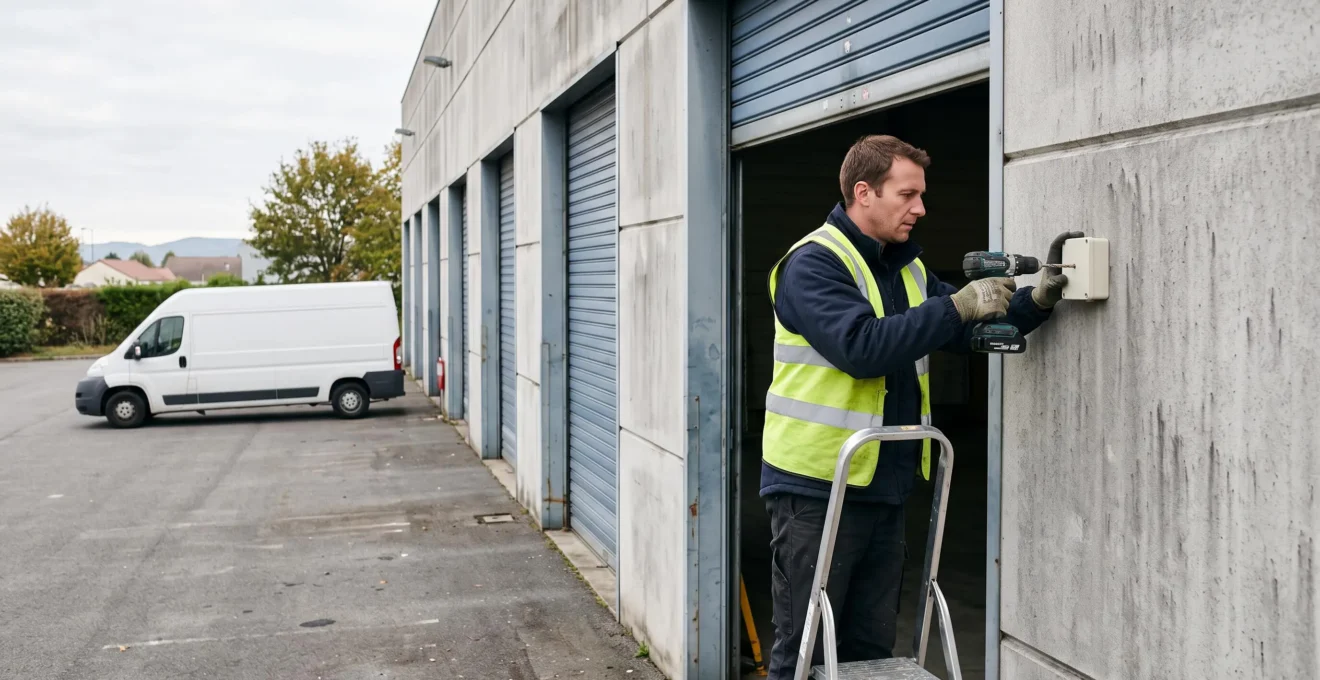 Un technicien fixe un boîtier capteur connecté sur le mur extérieur d'un entrepôt logistique à l'aide d'une visseuse.