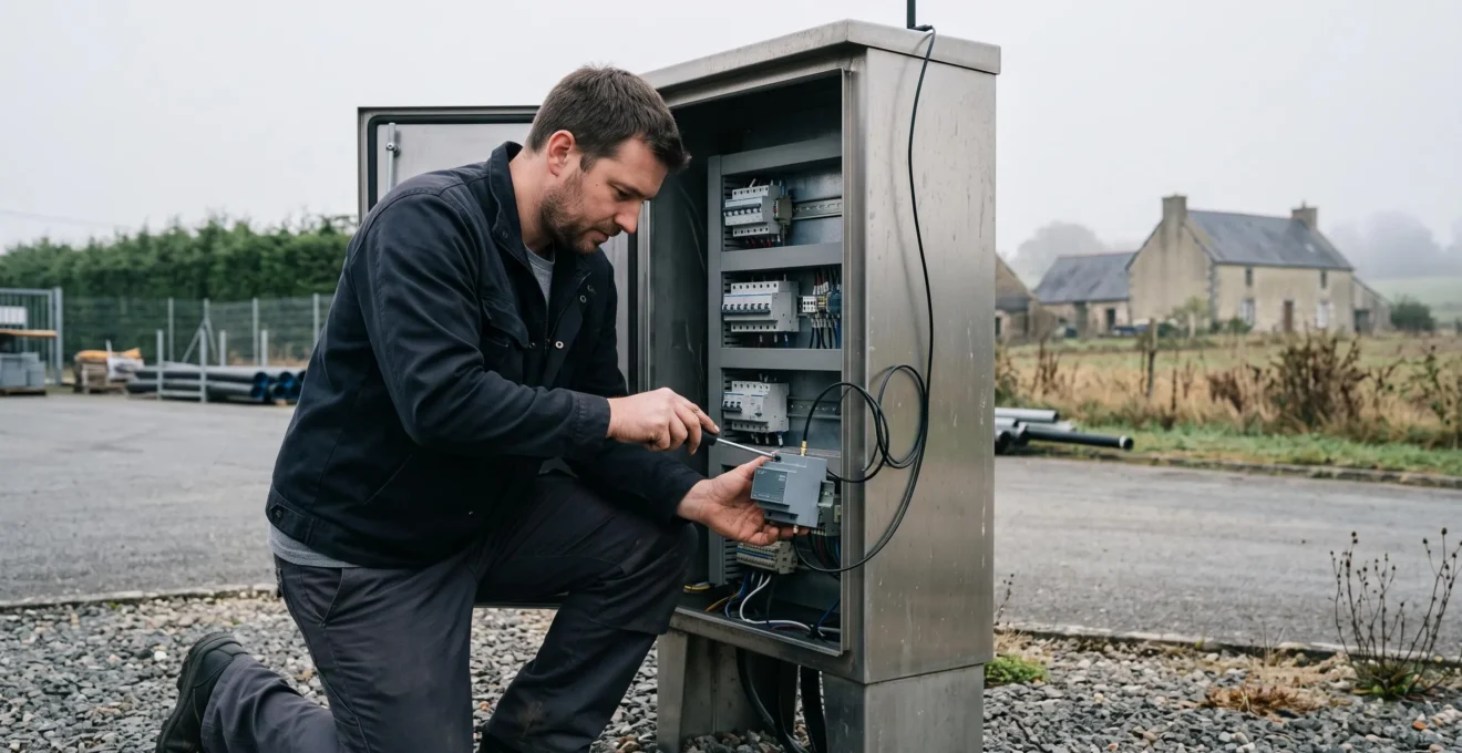 Un technicien installe un module de surveillance connecté dans une armoire de pompage industrielle en bord de site rural.