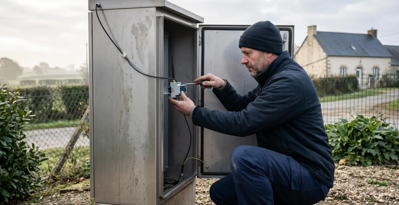 Un technicien installe un module de surveillance connecté dans une armoire de pompage industrielle en bord de site rural.