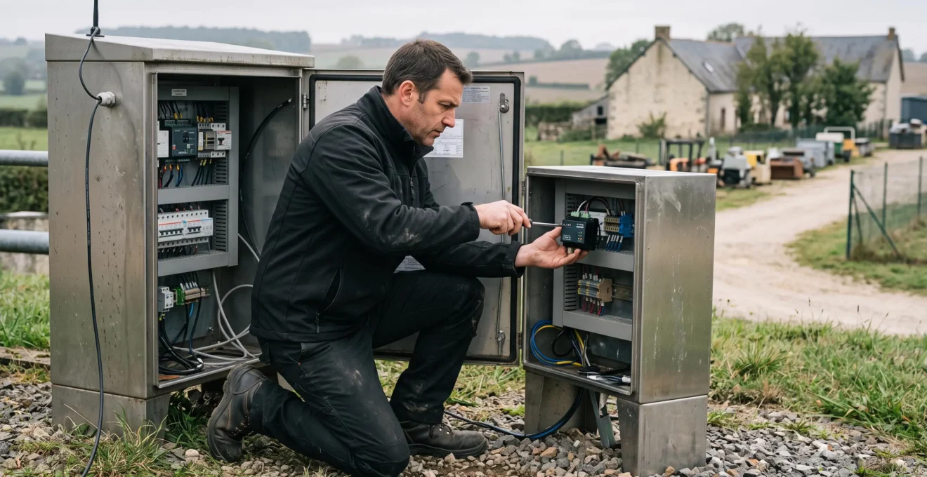 Un technicien installe un module de surveillance connecté dans une armoire de pompage industrielle en bord de site rural.