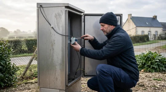 Un technicien installe un module de surveillance connecté dans une armoire de pompage industrielle en bord de site rural.
